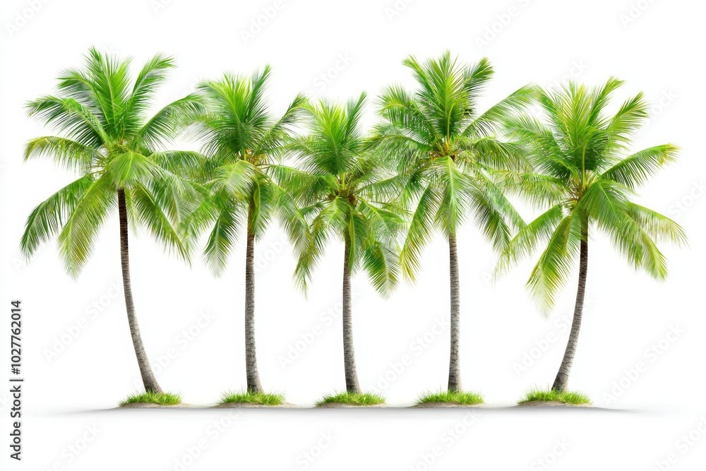 Obraz premium A palm tree with coconuts growing in the summer, making the trunk big. A collection of palm trees on a white background. For advertising and graphic design.