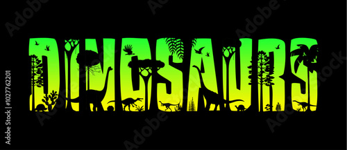 Dinosaurs jungle in sunset silhouette or prehistoric Jurassic lizards, vector cut out letters. Dinosaurs and prehistoric dino silhouettes in cutout jungle forest sunset for paleontology museum banner