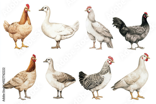 Watercolor illustration of different poultry breeds