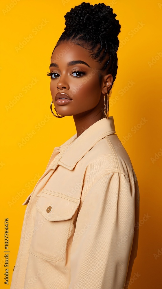 Obraz premium Captivating studio portrait of a stylish black young woman with braided hair in a bun, exuding confidence against a vibrant yellow background