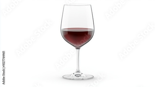 A clear wine glass filled with red wine, elegantly presented against a white background.