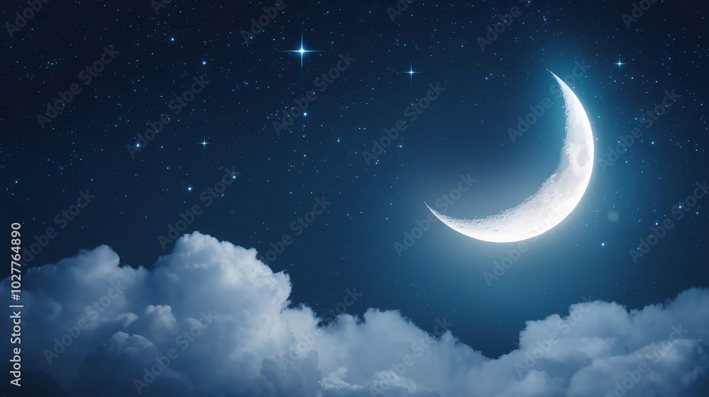 Night sky, crescent moon, stars, clouds, blue, celestial, dreamy, fantasy, peaceful, serene, mystical, magical, ethereal, heavenly, cosmic, astronomy, twilight, moonlight, starry, nighttime, atmospher Night sky, crescent moon, stars, clouds, blue, celestial, dreamy, fantasy, peaceful, serene, mystical, magical, ethereal, heavenly, cosmic, astronomy, twilight, moonlight, starry, nighttime, atmospher