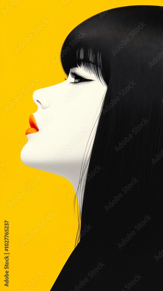 Beautiful asiatic woman with striking black hair and bold red lipstick poses elegantly against a vibrant yellow, minimalist background. Exuding glamour and style in this trendy fashion portrait Beautiful asiatic woman with striking black hair and bold red lipstick poses elegantly against a vibrant yellow, minimalist background. Exuding glamour and style in this trendy fashion portrait