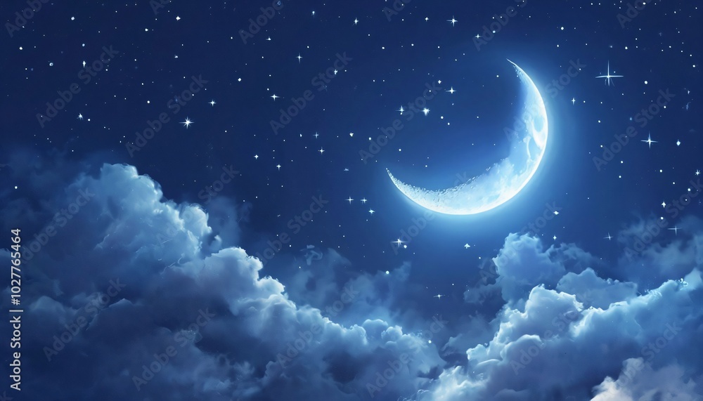 Night sky, crescent moon, stars, clouds, blue, celestial, dreamy, fantasy, peaceful, serene, mystical, magical, ethereal, heavenly, cosmic, astronomy, twilight, moonlight, starry, nighttime, atmospher Night sky, crescent moon, stars, clouds, blue, celestial, dreamy, fantasy, peaceful, serene, mystical, magical, ethereal, heavenly, cosmic, astronomy, twilight, moonlight, starry, nighttime, atmospher