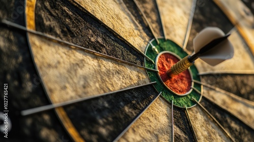 Detailed shot of a dartboard with a dart aimed at the bullseye, representing precise business goals