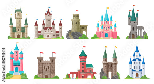 Cartoon kingdom palace castle, fairytale fortress vector buildings with flags, towers and color stone walls. Fantasy houses set of fairy tale princess palace, royal castle and medieval king fortress