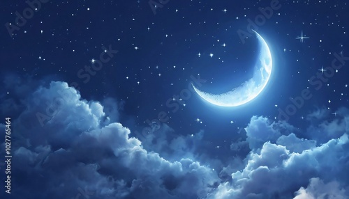 Night sky, crescent moon, stars, clouds, blue, celestial, dreamy, fantasy, peaceful, serene, mystical, magical, ethereal, heavenly, cosmic, astronomy, twilight, moonlight, starry, nighttime, atmospher