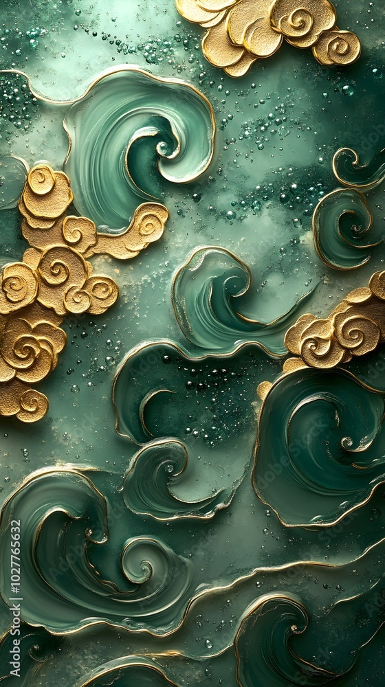 Abstract swirling green and gold design with a shimmering background. Abstract swirling green and gold design with a shimmering background.