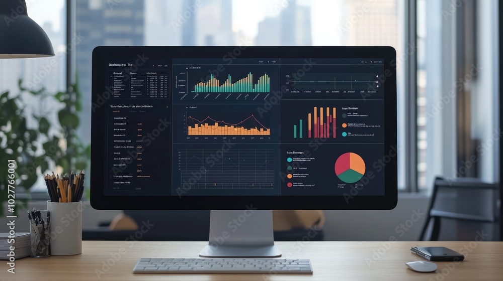 Digital workspace with a business target dashboard displaying clear performance metrics Digital workspace with a business target dashboard displaying clear performance metrics