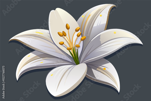 A 3D lily with pristine white petals and a golden stamen cluster in the center