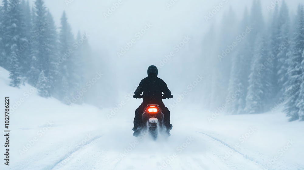 A lone motorcyclist rides through a snowy landscape, surrounded by tall evergreen trees, creating a serene and adventurous winter scene. A lone motorcyclist rides through a snowy landscape, surrounded by tall evergreen trees, creating a serene and adventurous winter scene.