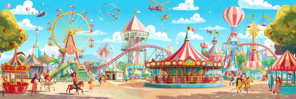 Obraz premium Families and friends delight in thrilling rides, laughter, and colorful attractions at a lively amusement park on a bright afternoon. Generative AI