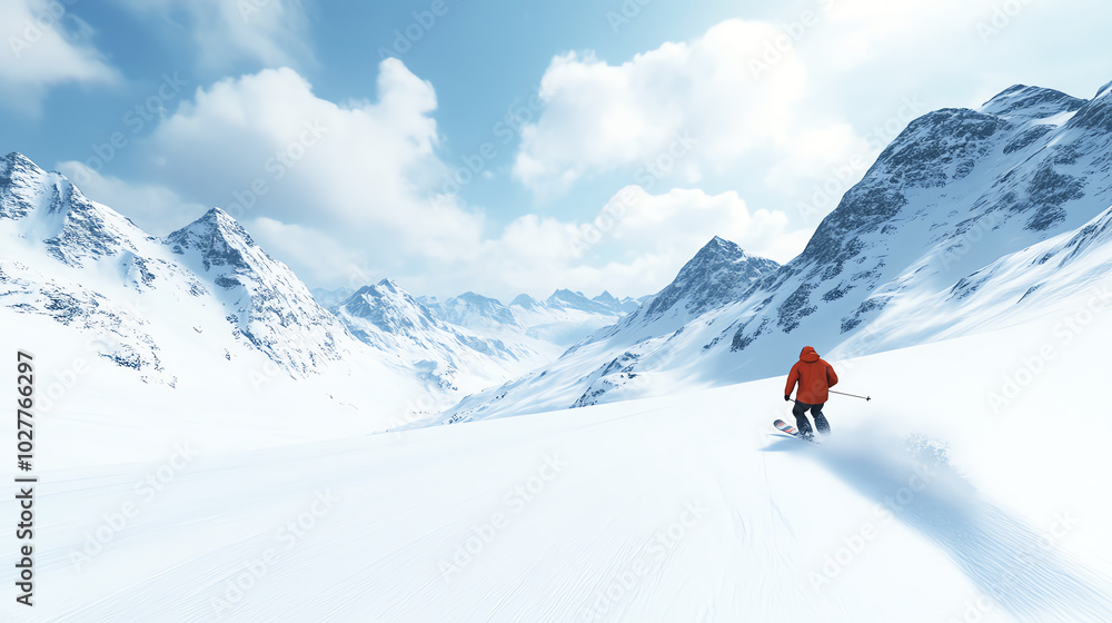A lone skier navigating through majestic snowy mountains under a clear blue sky, showcasing the beauty and thrill of winter sports in a serene alpine environment. A lone skier navigating through majestic snowy mountains under a clear blue sky, showcasing the beauty and thrill of winter sports in a serene alpine environment.