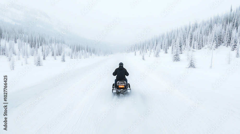 A person riding a snowmobile through a snowy landscape, surrounded by trees in winter. The scene captures the thrill of adventure in a serene, frosty environment. A person riding a snowmobile through a snowy landscape, surrounded by trees in winter. The scene captures the thrill of adventure in a serene, frosty environment.