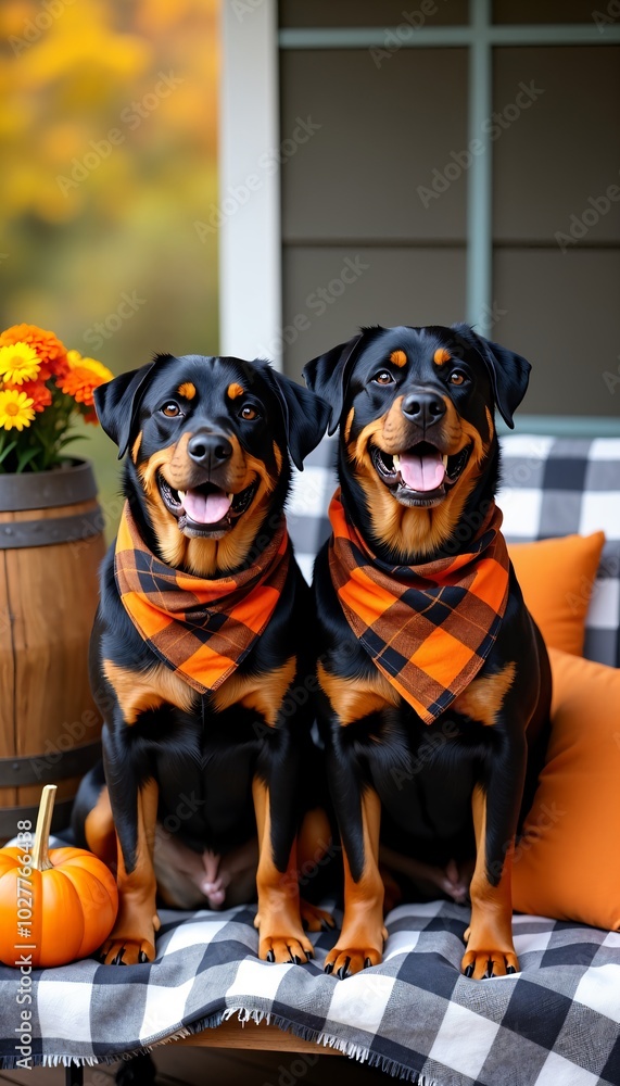 Cozy autumn scene with two happy rottweilers on a porch bench, thanksgiving, halloween Cozy autumn scene with two happy rottweilers on a porch bench, thanksgiving, halloween