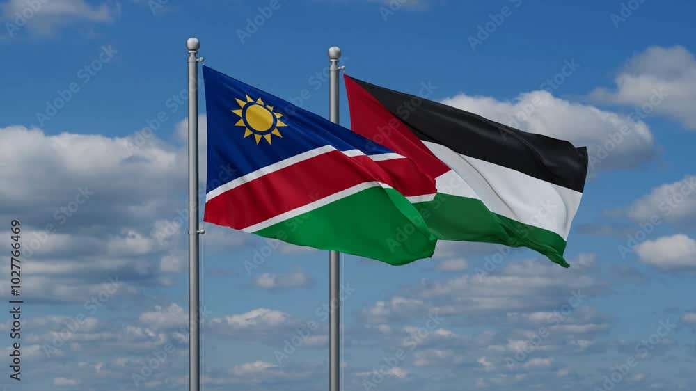 Palestine and Gaza Strip and Namibia two flags waving together on blue , video concept of the relationship Palestine and Gaza Strip and Namibia two flags waving together on blue , video concept of the relationship