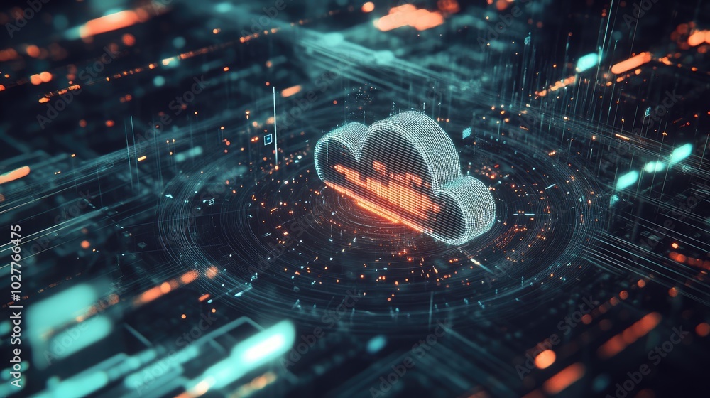 Dynamic tech scene with a futuristic cloud logo at the core, surrounded by a complex network of connections and data flow Dynamic tech scene with a futuristic cloud logo at the core, surrounded by a complex network of connections and data flow