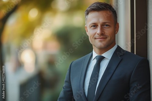 Confident Businessman in Blue Shirt and Blazer with Grey Hair