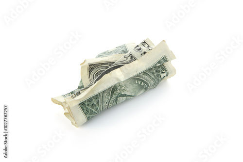 One crumpled dollar banknote isolated on white