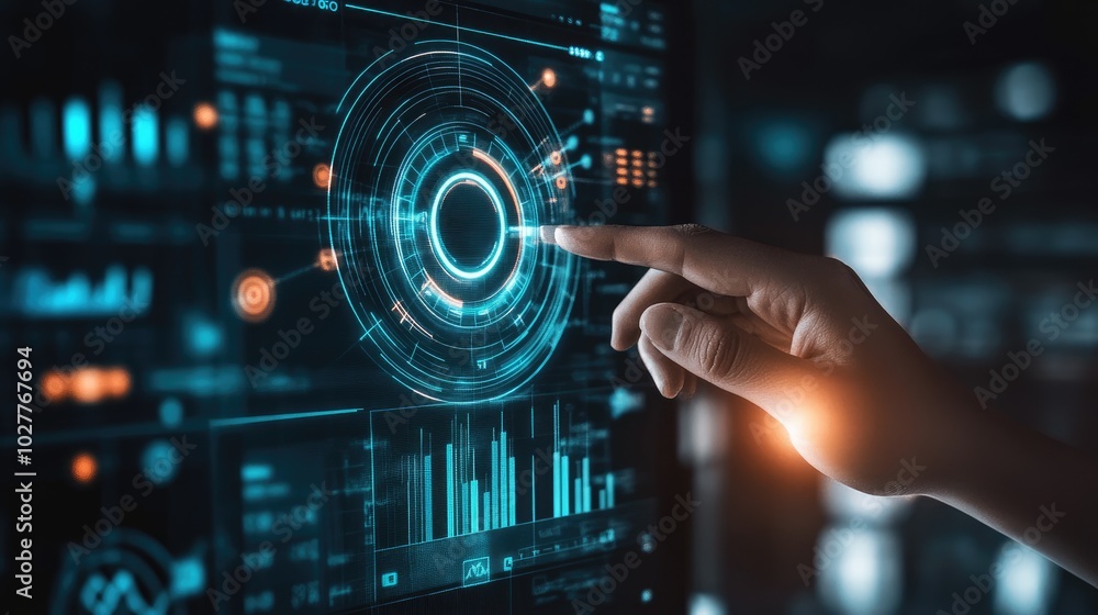Office scene with a hand interacting with a target chart, illustrating business growth and progress