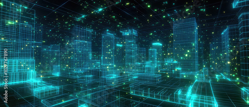 A digital grid depicting a glowing futuristic cityscape with neon lights. Perfect for showcasing advanced technology and innovative design in a stock image.