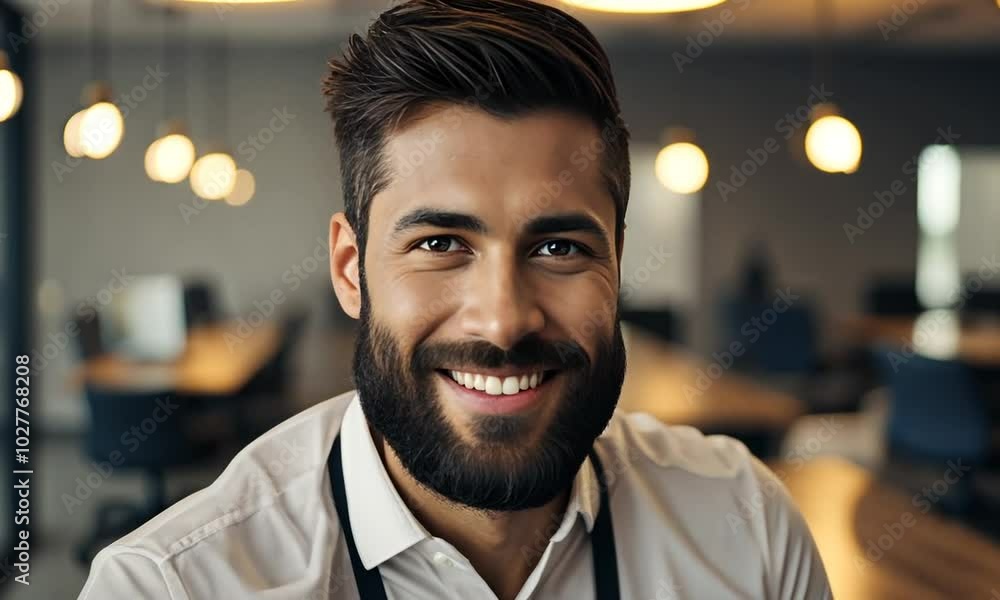 A smiling man with a beard in a formal shirt, exuding confidence in a modern workspace. A smiling man with a beard in a formal shirt, exuding confidence in a modern workspace.
