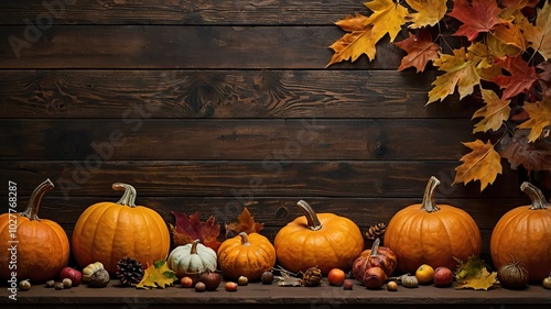 Autumn still life with pumpkins and fall leaves on wooden background