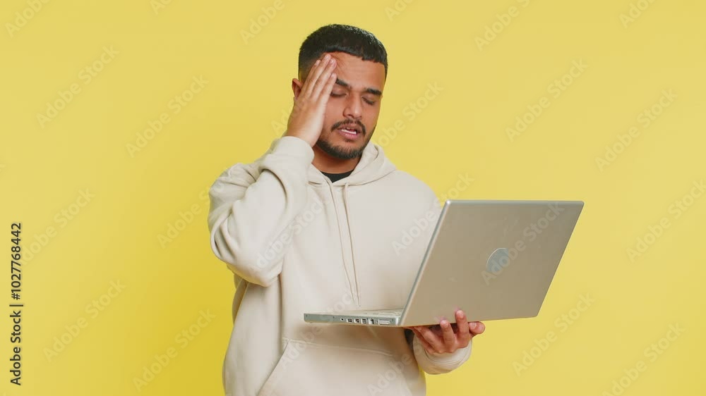 Displeased Indian man use laptop notebook typing browsing working, loses becoming surprised by lottery bad results news fortune lost game fail computer virus. Arabian guy isolated on yellow background Displeased Indian man use laptop notebook typing browsing working, loses becoming surprised by lottery bad results news fortune lost game fail computer virus. Arabian guy isolated on yellow background