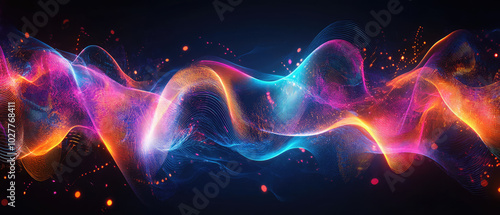 A dynamic and vibrant representation of colorful waves of light and energy, swirling in a captivating dance of vibrant hues against a dark background, evoking motion.