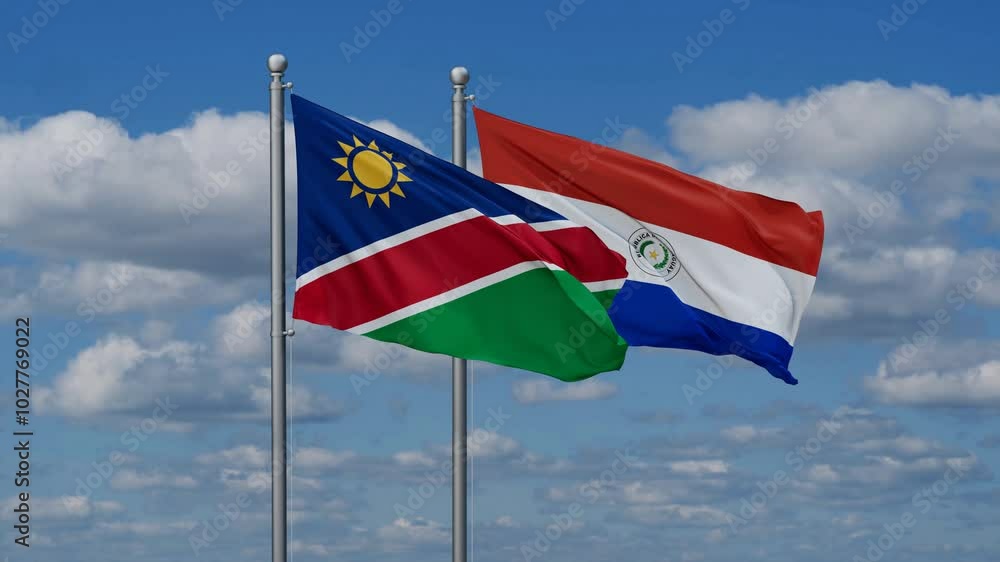 Paraguay and Namibia flags flying together, video concept of the relationship, two country relations concept Paraguay and Namibia flags flying together, video concept of the relationship, two country relations concept