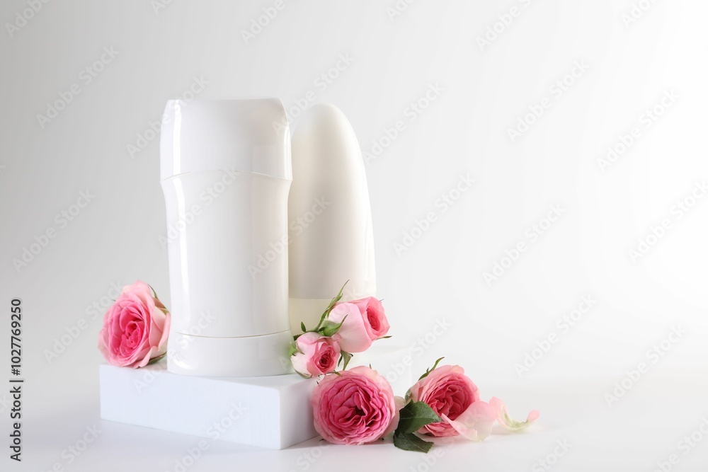 Different deodorants beautiful rose flowers on white background, space for text Different deodorants beautiful rose flowers on white background, space for text
