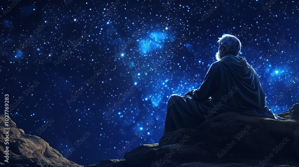 Abraham looking at the sky full of stars, Gods promise of descendants as numerous as the stars, clear night sky, serene and reflective atmosphere