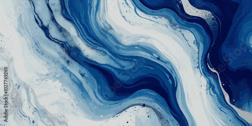 Beautiful soft blue sea water, ocean wave background. Soft blue and white hand printed creative marble texture ocean background.