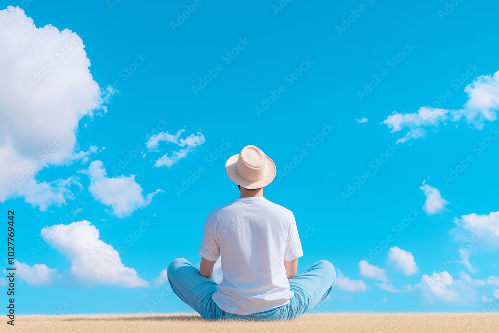 Person meditating peacefully under a bright blue sky with fluffy clouds in a serene outdoor setting