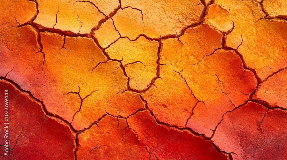 Abstract close-up of cracked orange and red earth with detailed texture, representing drought and environmental stress. Concept of climate change, arid land, and global warming Abstract close-up of cracked orange and red earth with detailed texture, representing drought and environmental stress. Concept of climate change, arid land, and global warming