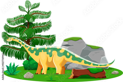 Cute opisthocoelicaudia prehistoric dinosaur character. Jurassic dino animal vector personage, funny prehistoric reptile, mountain stone and forest tree. Extinct sauropod dinosaur of Cretaceous period