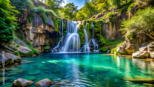 Picturesque Waterfall Cascading into Crystal-Clear Pool. Perfect for: Earth Day, Adventure Retreats, Waterfalls