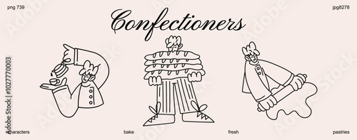 Pastry chef characters in cartoon linear style. People cooking sweet desserts, pastries and cakes. Chef in apron in the kitchen