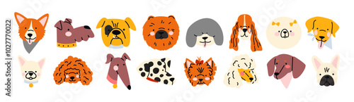 Dogs heads in groovy style 90s. Set pets in cartoon funny puppies characters in retro style. Animals icon avatars veterinarian zoo stickers