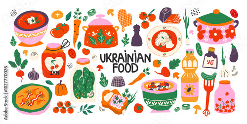 Traditional Ukrainian cuisine. Set of Ukrainian national dishes: borsch, varenyky, pickles, compote, banosh. Farm natural vegetables and fruits from the garden. Bright food stickers