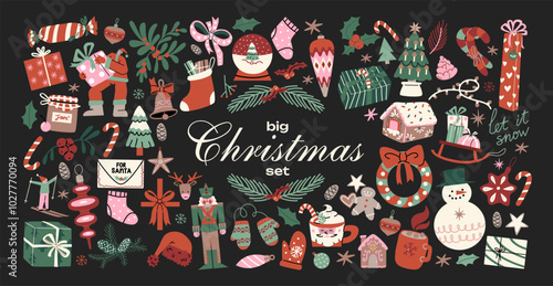 Christmas new year stickers in cartoon style. Holiday gifts, santa, christmas tree, coziness. Holiday seasonal vector illustrations in retro Scandinavian groovy style