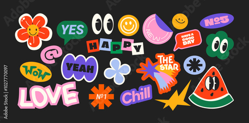 Futuristic y2k patches, labels, tags, stickers, bracelet stamps in retro style. Cartoon stickers in funky hipster groovy grunge 90s style. Vector set, trendy promo labels