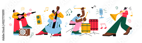 Cartoon musical characters in the style of the 90s. People play musical instruments.Guitarist, cellist, drummer, trumpeter. Concept of a musical concert, retro groovy mascots