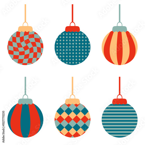 Geometric xmas balls ornament clipart collection. Perfect for banner, flyer, label, postcard, sale, stickers. Isolated vector illustration.