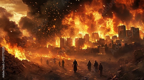 Lot and his family fleeing the burning cities of Sodom and Gomorrah, fire raining from the sky, intense flames and destruction, vivid and dramatic scene, high-resolution, divine judgment