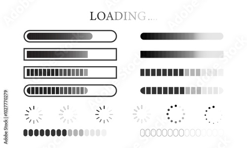 Loading Screen Indicators Overlay Icon Collection. Loading and Uploading Bar Progress Templates