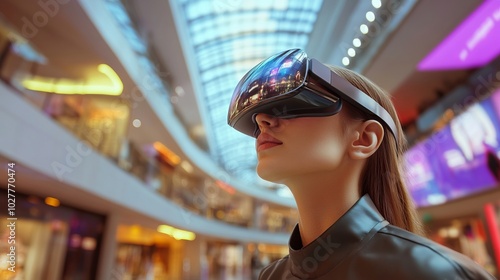 Person using AR glasses in a shopping mall, interactive digital displays and holograms, enhanced retail experience, futuristic technology, vibrant colors