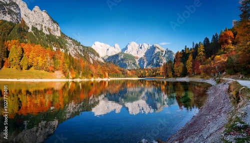 Wallpaper Mural autumn scenery with dachstein mountain summit reflecting in crystal clear gosausee mountain lake Torontodigital.ca