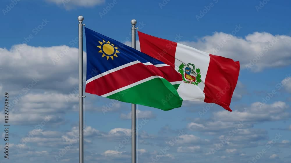 Peru and Namibia flags flying together, video concept of the relationship, two country cooperation concept Peru and Namibia flags flying together, video concept of the relationship, two country cooperation concept