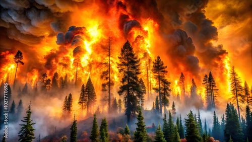 Raging Forest Fire with High Flames. Perfect for: Fire Safety Awareness, Forested Areas